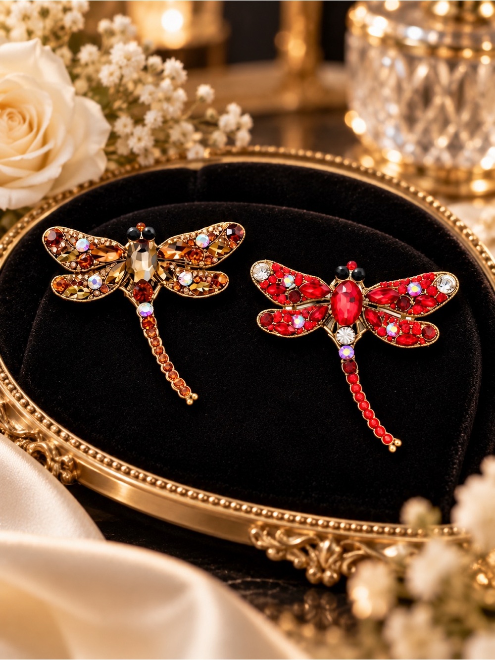 Eleanor ShuMark Jeweled Dragonfly Brooch Set – Red & Amber.NWT